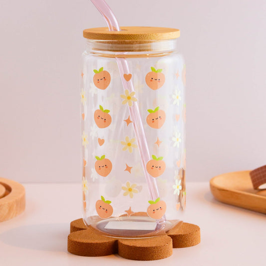 Peaches and Daisies 16 oz Glass Cup Set