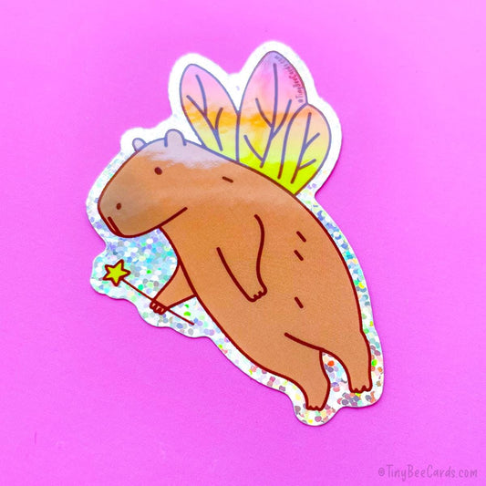 Fairy Capybara Glitter Whimsical Vinyl Sticker