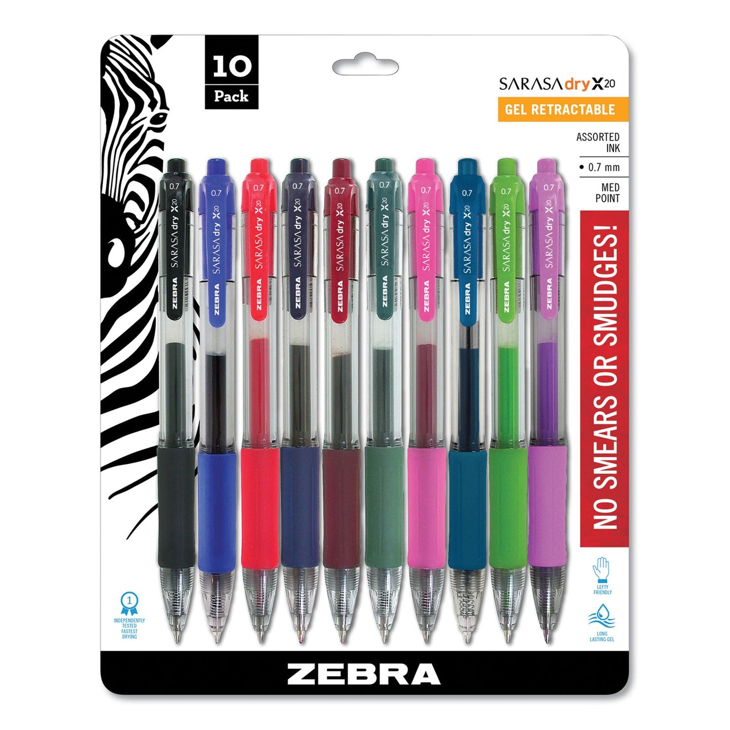 Zebra Sarasa Dry Gel X20 Gel Pen, Retractable, Medium 0.7 mm, Assorted Ink and Barrel Colors, 10/Pack