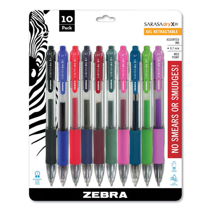 Zebra Sarasa Dry Gel X20 Gel Pen, Retractable, Medium 0.7 mm, Assorted Ink and Barrel Colors, 10/Pack