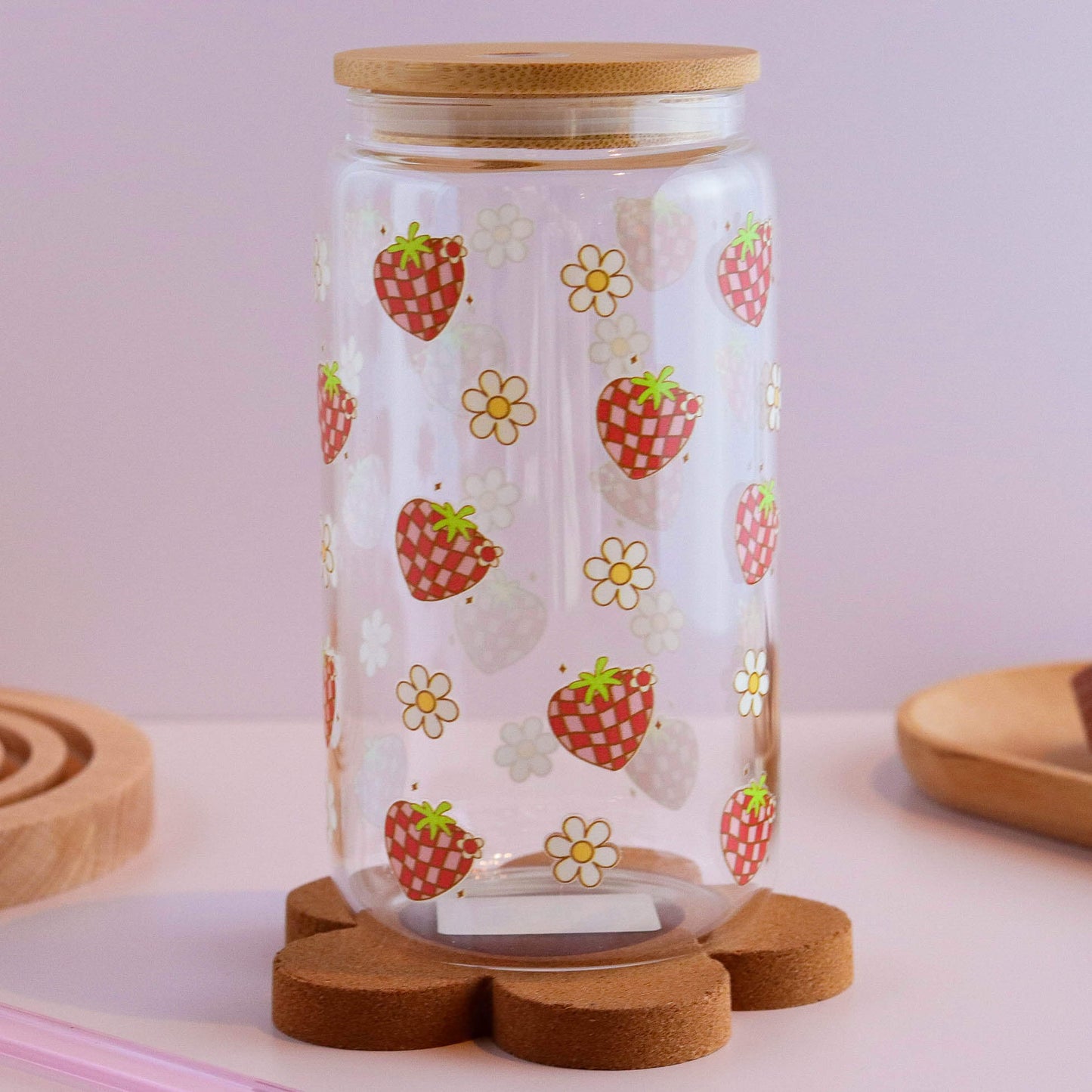 Groovy Strawberries and Daisies 16 oz Glass Cup Set