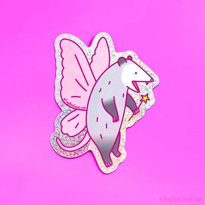 Fairy Opossum Glitter Vinyl Sticker