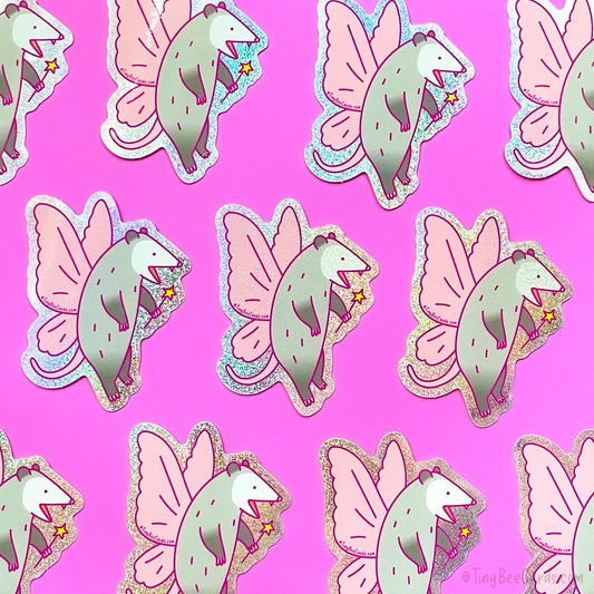 Fairy Opossum Glitter Vinyl Sticker