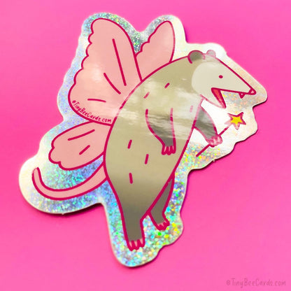 Fairy Opossum Glitter Vinyl Sticker