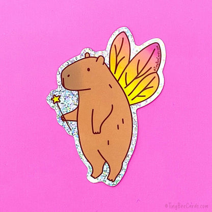 Fairy Capybara Glitter Whimsical Vinyl Sticker